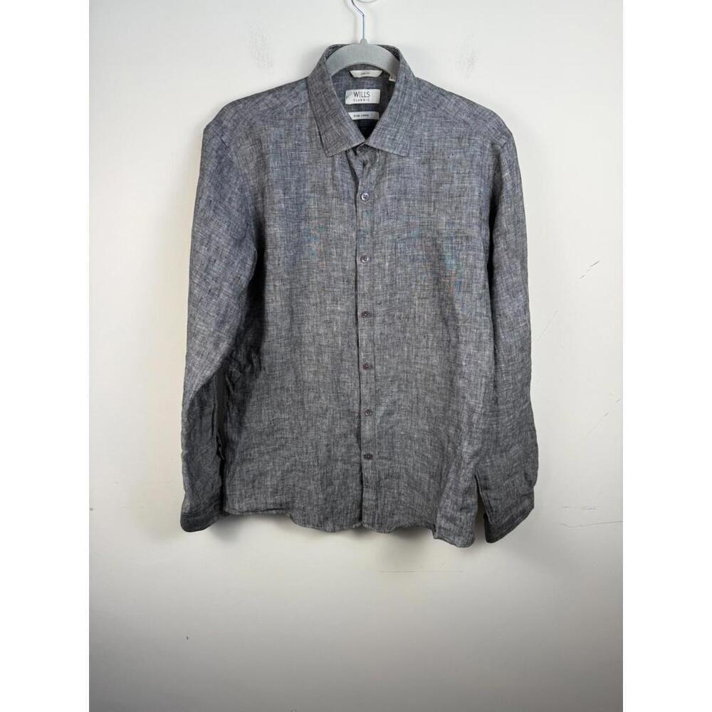 Wills Huckberry Linen‎ Shirt 15 3/4 Button Up Lightweight Long Sleeve Gray